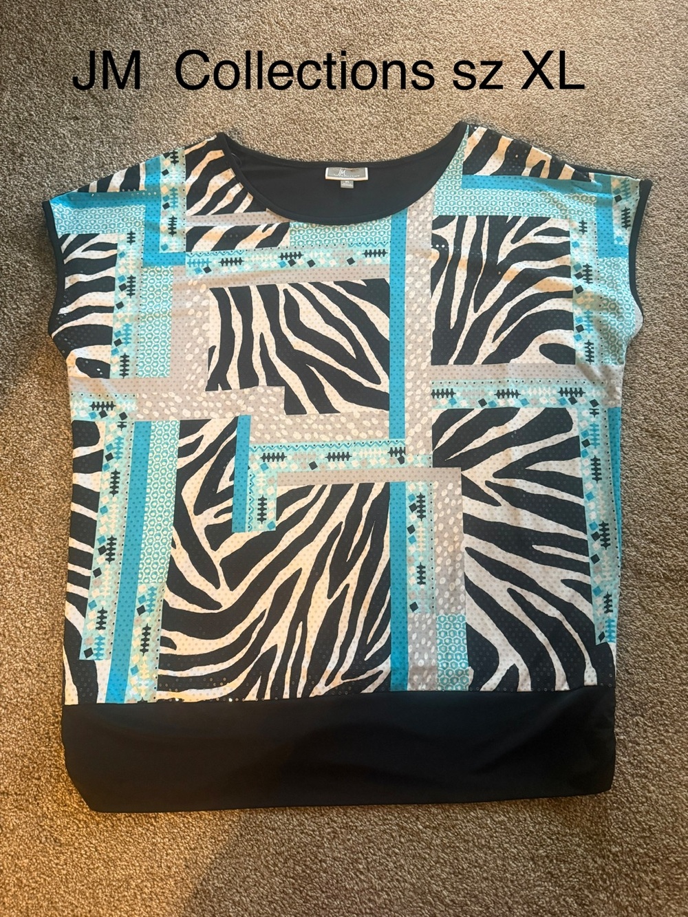 JM Collections Zebra Print Boxy Top with Teal Accents Sz XL